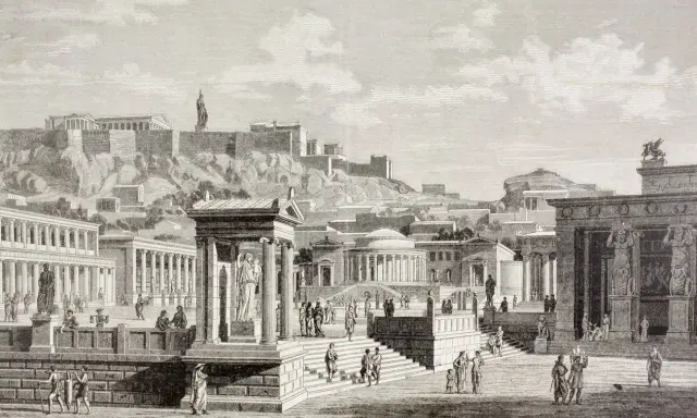 Lebhafter marktplatz im alten griechenland mit Akropolis im Hintergrund. Menschen handeln, diskutieren und spazieren zwischen Säulen und Tempeln.