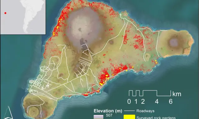 Mapa pokazuje, gdzie są Wyspy Wielkanocne, z zaznaczonymi ogrodami skalnymi (żółte i czerwone punkty) i drogami.