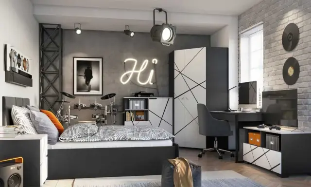 Nowoczesne pokoje młodzieżowe dla chłopców: łóżko, biurko, szafa, perkusja i neonowe "Hi".