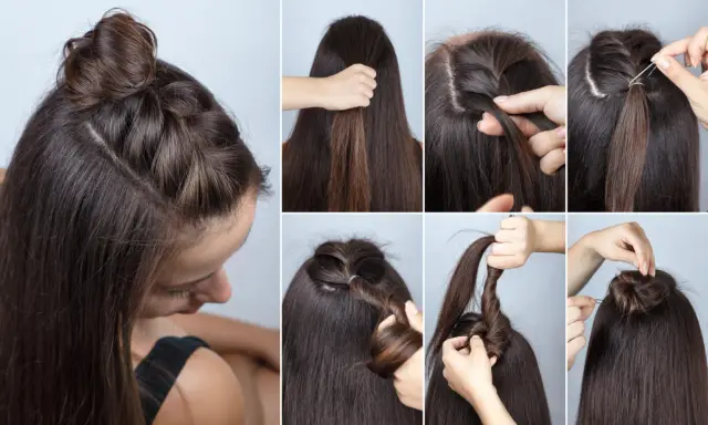 Schritt-für-Schritt-Anleitung für **flechtfrisuren einfach**: Ein süßer Half-Bun mit seitlichem Zopf, der im Handumdrehen gelingt.