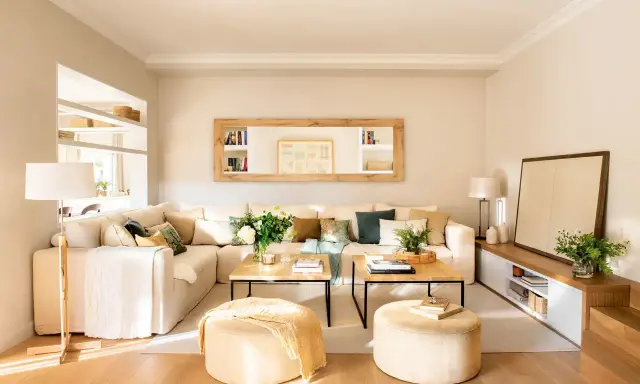 Salones con espejos encima del sofá, creando un ambiente luminoso y espacioso.