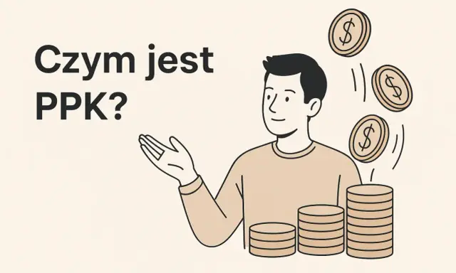 Mężczyzna z monetami w tle i napisem "Czym jest PPK?". Ilustracja wyjaśnia, co to jest PPK.