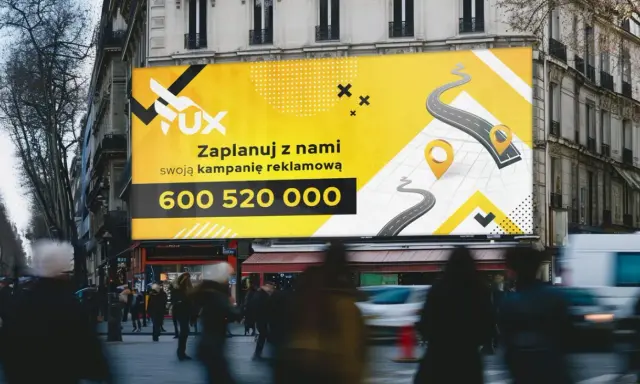 Jasna reklama outdoorowa z hasłem "Zaplanuj z nami swoją kampanię reklamową" i numerem telefonu 600 520 000. Grafika przedstawia mapę z drogami i pinezkami.