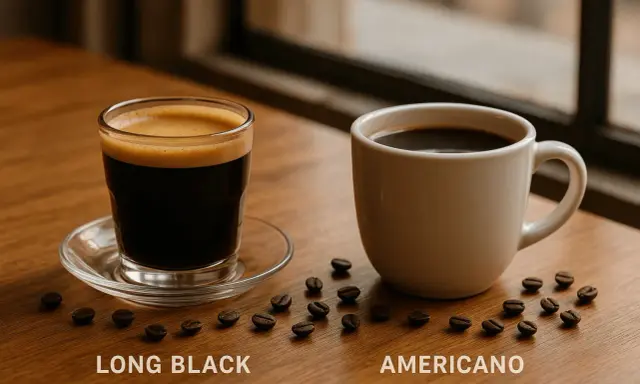 Long Black vs Americano: zwei Kaffeegetränke auf einem Holztisch, umgeben von Kaffeebohnen.