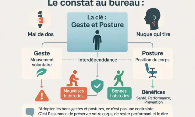 Schéma illustrant le lien entre gestes, posture et risques ergonomiques (mal de dos, nuque qui tire). Bonnes habitudes pour la santé.