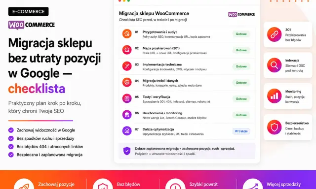 Checklista migracji sklepu WooCommerce. Plan krok po kroku, by zachować pozycje w Google. Jak w **golang switch case**, wybierasz ścieżkę, by uniknąć błędów 404 i utraty ruchu.