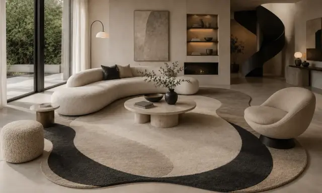 En stor, böljande matta under en elegant soffa skapar en inbjudande sittgrupp.