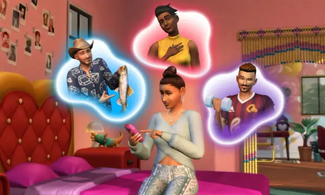 Sims 4 aktualizacje: dziewczyna myśli o randkach z różnymi Simami, jeden z wędką, drugi z hantlem, a trzecia Simka w żółtej bluzce.