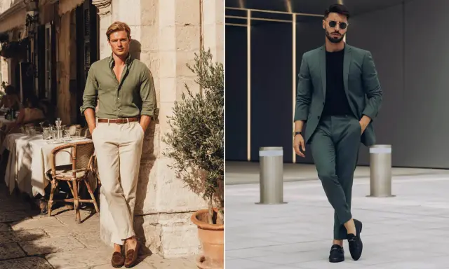 Two men showcase stylish outfits. One wears a green shirt with cream pants, demonstrating colors that go with green for a casual look. The other sports a green suit, proving green's versatility.