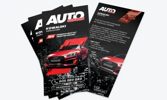 Projekt ulotki online dla Auto Serwis Kowalski. Czerwony sportowy samochód na tle nocnego miasta. Oferta 10% zniżki na pierwszą wizytę.
