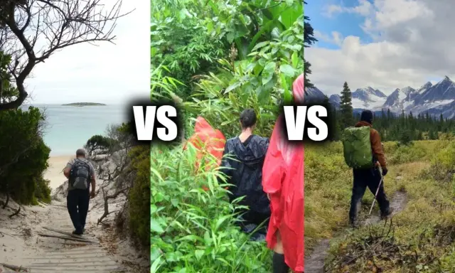 Trzy sceny: człowiek na plaży, dwie osoby w deszczu, mężczyzna w górach. **Trekking vs hiking** - różne formy aktywnego wypoczynku.