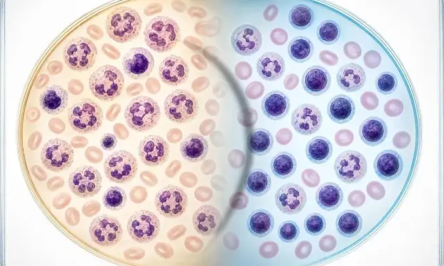 Ilustracja przedstawia porównanie komórek krwi: po lewej neutrofile i erytrocyty w kolorze żółtym, po prawej limfocyty i erytrocyty w kolorze niebieskim.