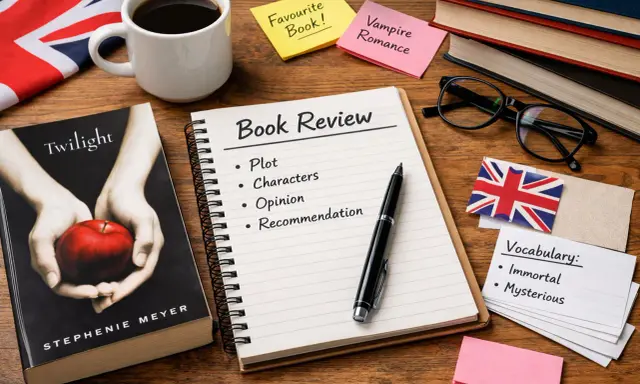 Kawa, książka "Zmierzch", notatnik "Book Review" i karteczki z napisem "Vampire Romance". Idealne miejsce na krótkie opowiadanie po angielsku.