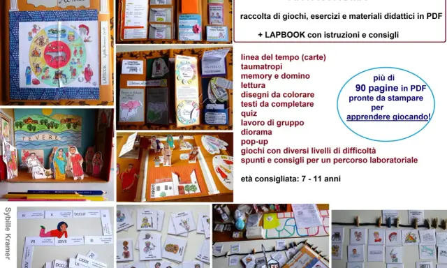 Collage of Roman civilization lapbook and craft projects, including a diorama, cards, and cutouts.