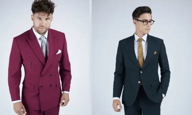Two men in suits. Left: burgundy double vs single breasted coat. Right: dark green single breasted coat.
