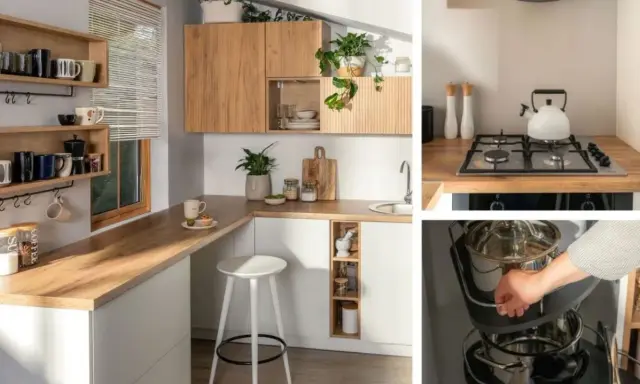 Nowoczesny projekt kuchni gastronomicznej z drewnianymi elementami, funkcjonalnymi półkami i praktycznym systemem przechowywania garnków.