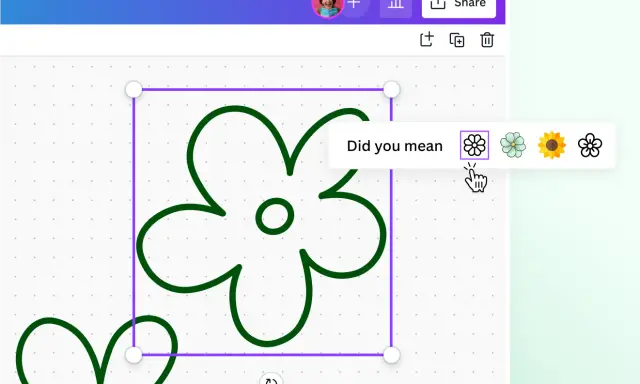 Interfaccia di disegno online. Suggerimento "Did you mean" con diverse opzioni di fiori.