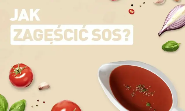 Jak zagęścić sos? Na tle składników: pomidory, bazylia, czosnek, cebula, papryczka chili i pieprz.
