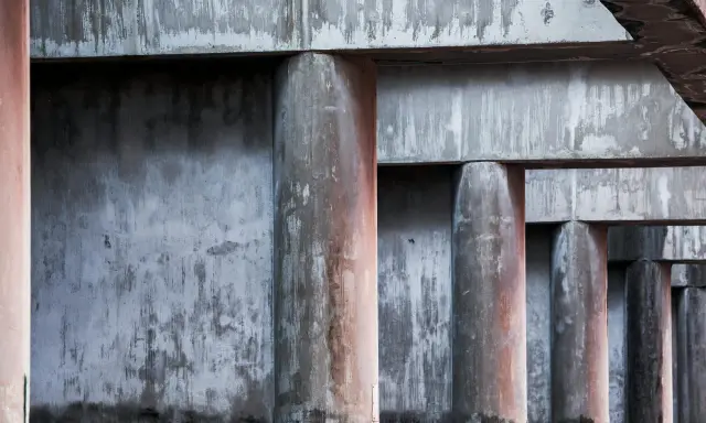 Columnas de hormigón con textura rugosa y marcas de agua, parte de un forjado de hormigón.