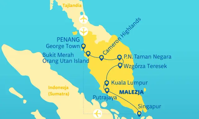 Mapa pokazuje trasę podróży przez Malezję, od Tajlandii po Singapur. Widać Penang, Kuala Lumpur i gdzie leży Singapur.