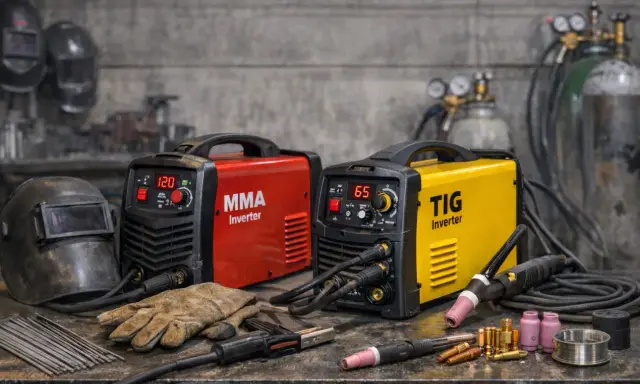 Dos máquinas de soldar, una roja MMA y una amarilla TIG, son ejemplos de qué es un soldador inverter. Incluyen equipo de soldadura y cascos.