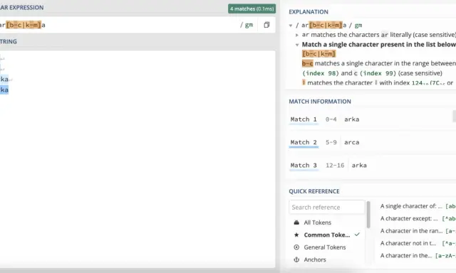 Java regex dopasowuje "arka", "arca", "siarka" w tekście, szukając wzorca "ar" z literą między b-m lub k-m, zakończone "a".