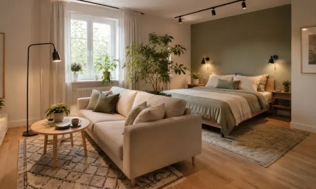 Przytulny salon z sypialnią. Jasna kanapa, okrągły stolik kawowy i duże łóżko tworzą idealne miejsce do relaksu.
