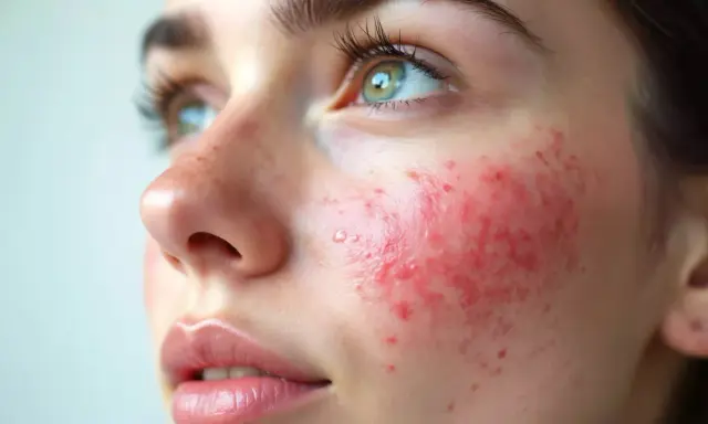 Gros plan sur le visage d'une jeune femme montrant un érythème du frottement sur la joue, avec des rougeurs et de petites pustules.