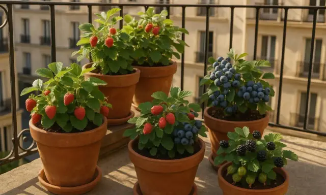 Un balcon parisien orné de framboisiers en pot, de fraises, myrtilles et groseilles, promettant une récolte gourmande.