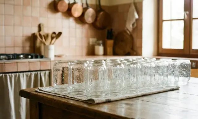 Una fila di vasetti di vetro puliti, pronti per imparare come sterilizzare i vasetti per le conserve. La cucina rustica fa da sfondo.