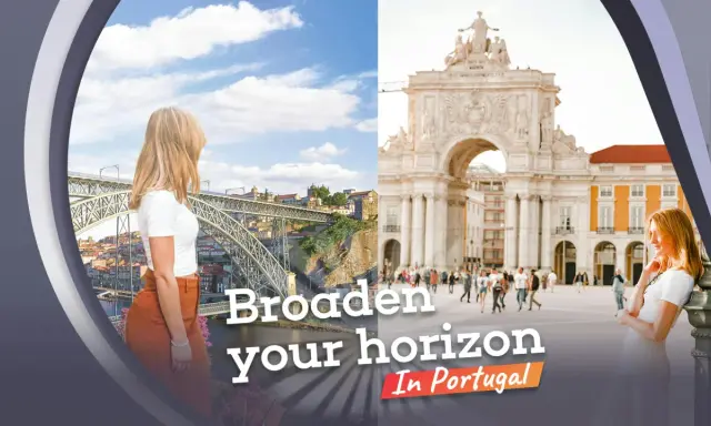 Frauen blicken auf die Brücke in Porto und den Triumphbogen in Lissabon. Entdecke Portugal!