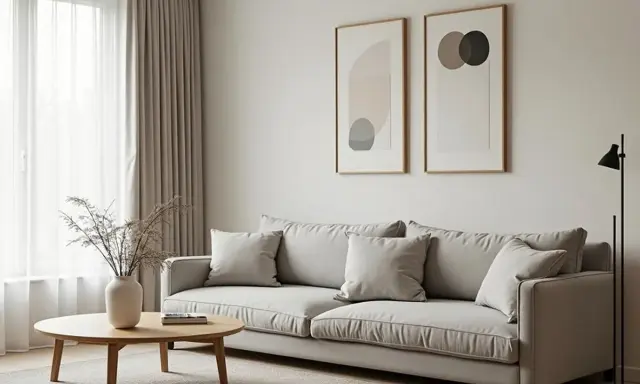 En ljus soffa med kuddar, ett runt träbord med en vas och en golvlampa. Två abstrakta tavlor på väggen bidrar till den minimalistiska inredningen.