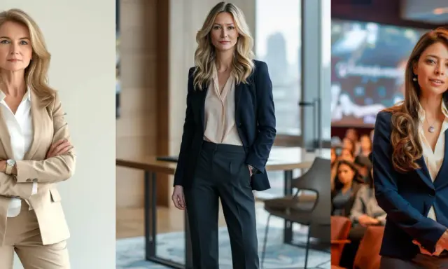 Three women exude confidence in stylish power dressing for women. One stands in a tan suit, another in a navy blazer, and the third in a navy suit addressing an audience.