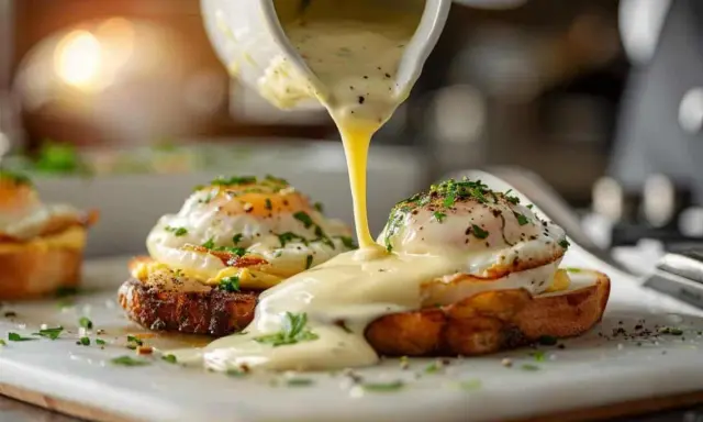 Un filet de sauce hollandaise onctueuse nappe des œufs pochés sur du pain grillé, un délice matinal.