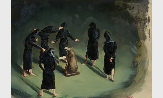 A group of figures in black robes gather around a taxidermied beaver in this unsettling painting by Michael Borremans.