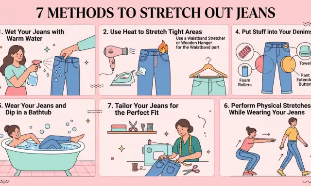 7 methods to stretch out jeans: wet them, use heat, stuff them, wear them in the tub, tailor them, or do physical stretches.