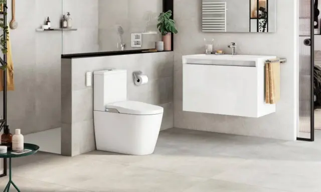Modern bathroom with toilet and sink. A sleek design that makes you want to quitar bidet.