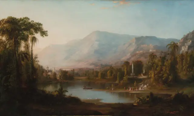 A lush landscape painting, reminiscent of Hudson River School american art movements, features a serene lake with boats, a waterfall, and distant mountains.