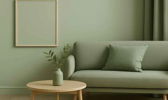 Salon paisible avec canapé et table basse, le tout dans une douce **couleur vert sauge**. Un cadre vide attend d'être rempli.
