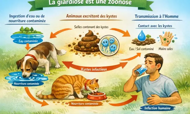 Schéma expliquant la transmission de la giardiose : des animaux excrètent des kystes dans leurs selles, contaminant l'eau et la nourriture, menant à l'infection humaine.