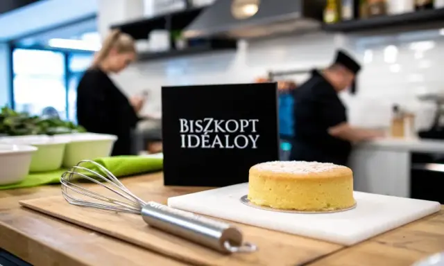 Idealny biszkopt czeka na włożenie do nagrzanego piekarnika. Obok trzepaczka i tabliczka "Biszkopt Idealoy".