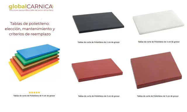 Variedad de tablas de cocina de polietileno en distintos colores y grosores, ideales para tu negocio.