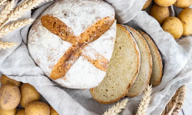 Frisch gebackenes Kartoffelbrot, aufgeschnitten und mit Kartoffeln und Weizenähren dekoriert. Ein tolles Rezept für Kartoffelbrot!