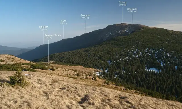 Widok na masyw Babiej Góry, gdzie Diablak (1725 m) góruje nad lasami i łąkami.