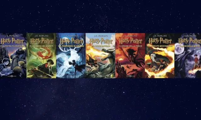 I sette libri di Harry Potter in ordine: dalla Pietra Filosofale ai Doni della Morte, con le iconiche copertine Salani.