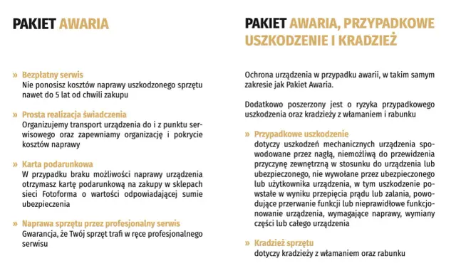 Ubezpieczenie aparatu fotograficznego: Pakiet Awaria chroni przed uszkodzeniem, a Pakiet Awaria, Przypadkowe Uszkodzenie i Kradzież dodatkowo przed kradzieżą.