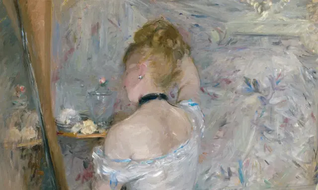 A woman with her back to the viewer, her hair in a bun, is captured in the soft, light-filled style of impressionist paintings.