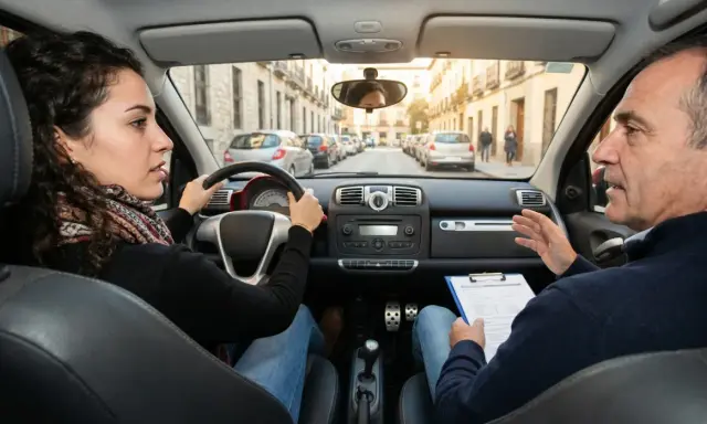 Instructor explica a alumna cómo obtener el carnet B+E. Ella practica conduciendo por una calle.