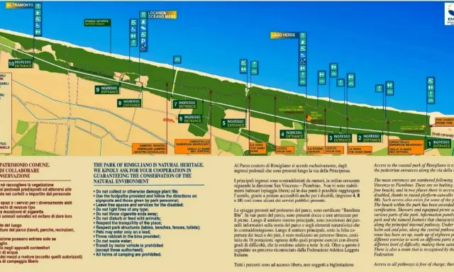 Mappa del parco di Rimigliano con ingressi numerati, servizi, sentieri e aree naturali.