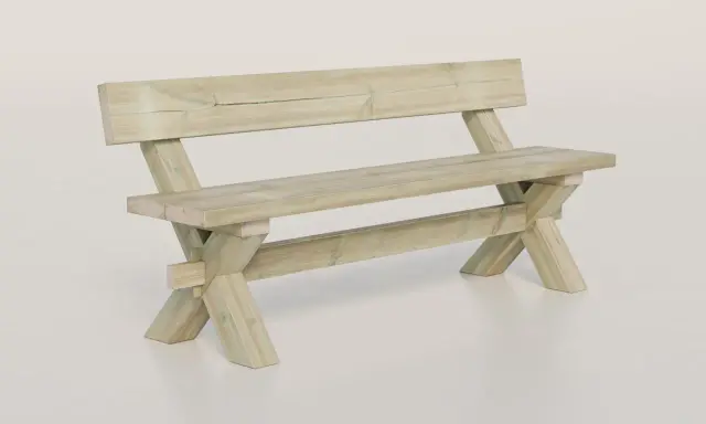 En robust träbänk med ryggstöd, perfekt för trädgården eller uteplatsen.